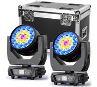 2 Piezas con Flightcase 19 X 15W Wash Zoom Cabeza Móvil, RGBW 4 en 1 LED Enfocando Luz 4 Modos de Control Profesional Escenario Moving Head para Fiesta KTV Concierto Bar Festival Boda Discoteca