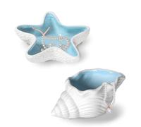 2 Piezas Concha y Estrella de Mar Forma Cerámica bandejas para joyas, Concha marina azul cuenco decorativo llaves, Decorativo con temática oceánica bandejas decorativas, Mujeres bandeja llaves para