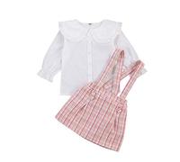 2 Piezas Conjunto de Camisa y Falda para Bebé Niña 2-7 Años Top Blusa Blanca con Cuello de Volantes y Mangas Largas + Falda a Cuadros con Tirantes Traje Completa de Primavera Otoño (Rosa, 3-4 Años)