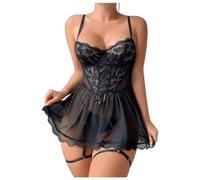 2 Piezas Conjunto de Lencería Pijama Semi Transparente de Verano sin Mangas Picardías Atractivas Floral Encaje+Braguita