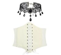 2 Piezas Corset Mujer Negro,con 1 Encaje Collar Gótico Gargantillas Disfraz Pirata Mujer Vikinga Steampunk Women'S Corset Belt Vestido Pirata Vestido con Cintura Ajustable (Blanco, Pretina)