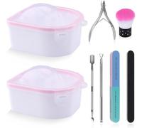 2 Piezas Cuenco de Manicura, Kalolary Tazón Remojar Bandeja Uñas Esmalte Herramienta Spa Remover Lavar Con Pelador Cutículas, Empujador Cutículas, Limas Uñas, Cepillo Uñas Pinza para Hogar Salón(Rosa)