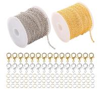 2 Piezas de 5m Cadena de Eslabones Para Hacer Joyas 2.4mm Cadenas Cadena Acero Inoxidable 30 Cierres de Langosta y 60 Anillos de Salto Para Collar y Accesorios de Hacer Bricolaje （Oro plata）