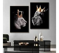 2 piezas de calcomanías de pared de pareja de leones, león negro, leona con coronas, lienzo, pósteres, decoración de pared para el hogar, dormitorio (20x30 cm/marco interior)