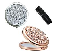2 Piezas de Espejo Redondo de Doble Cara, con 1 Peine de plástico, Espejo de Maquillaje de Diamante de Cristal, Espejo de Bolsillo portátil, Espejo Plegable con botón a presión