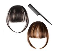 2 piezas de extensiones de peluca con clip, pelo natural falso bangs, pelo real, accesorios para el cabello femenino, marrón-negro + marrón claro, incluye 1 peine