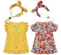 2 piezas de gato y perro princesa floral vestido de primavera verano vestido con diadema vestido de fiesta rojo y amarillo vestido floral (S)