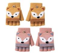 2 piezas de guantes de dibujos animados para niños sin dedos, manoplas convertibles, guantes de punto reversibles, guantes de invierno para niños y niñas (Beige, Rosa)