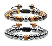 2 Piezas de hematita Tigre Cuentas oculares Pulseras Hechas a Mano Ajustables protección de la Salud Piedras de energía de Pareja brazaletes