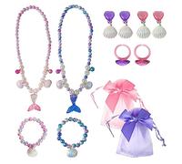 2 piezas de joyería para niñas, collar de perlas de sirena de concha marina, pulsera, anillo, pendientes, juego de 4 piezas, adorno de cuentas, regalo de cumpleaños con 2 cintas de almacenamiento
