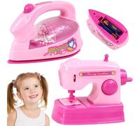 2 piezas de juguete para juego de imitación para niños pequeños con plancha y máquina de coser, mini juguetes para juego de imitación, mini cosas realistas con luz y sonido para restauración de e.