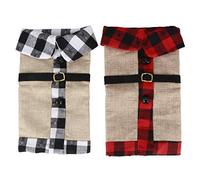 2 piezas de piel artificial, tela y lino, cubierta de botella de vino para decoración de fiesta de Navidad, adorno para regalo y decoración de mesa (lino a cuadros)