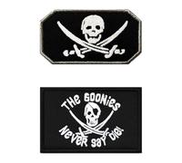 2 piezas de Pirate The Goonies Never Say Die Divertidos apliques bordados con gancho extraíble brazalete táctico cierre táctico bandera parche para ropa, arnés de perro, mochilas, chaleco, chaqueta,