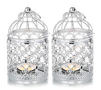 2 Piezas Decorativas Velas Linternas Jaula De Aves Metal Ahueca hacia Fuera Decorativa Jaula De Hierro Portavelas Colgante Linterna, Plata