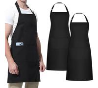 2 Piezas Delantal Chef Negro Ajustable con 3 Bolsillos - Impermeable para Barbacoa, Cocina, Restaurante, Café, Hornear y Jardín - para Hombres y Mujeres