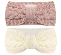 2 Piezas Diadema invierno para mujer, diadema elástica de punto para el pelo, Invierno Diademas de Ganchillo Bandas Gruesas, bandas gruesa para el pelo para mujeres y niñas(Rosa，Blanco)