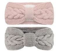 2 Piezas Diadema invierno para mujer, diadema elástica de punto para el pelo, Invierno Diademas de Ganchillo Bandas Gruesas, bandas gruesa para el pelo para mujeres y niñas(Rosa，Gris)