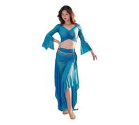 2 Piezas Disfraces Danza Del Vientre, Conjunto De Disfraz Danza Del Vientre Con Sujetador De Tul Profesional Para Mujer Falda Dividida Y Top Halloween, Traje Fiesta Carnaval(Blue,XXL)