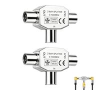 2 Piezas Distribuidor Antena TV 2 Vías, Divisor Coaxial en T, Adaptador Coaxial en 2 IEC Hembra y 1 Entrada macho, Duplicador Antena, Conector Metálico 0-1000MHz para Televisión Digital DVB-T Cable TV