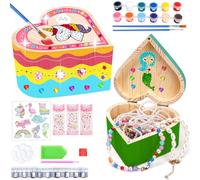2 Piezas DIY Joyero Madera Niños 13 * 12.5 * 5 cm Mini cofre del Tesoro de Madera, Joyero de Pintura de Diamantes, Caja Manualidades Niños Unicornio con Pegatina de Diamantes, para Niñas 6-10 Años