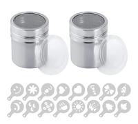 2 Piezas Espolvoreador De Azúcar Glas Y Cacao En Acero Espolvoreador De Cacao En Polvo Inoxidable Con Tapa Incluye 16 Plantillas Para Decorar Café Capuchino, Cacao, Matcha, Pastelería Y Hogar