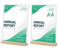 2 Piezas Expositor de Mesa A4, Soporte Metacrilato con Base de Madera Sólida, Metacrilato A4 de Alta Transparencia para Menús en Restaurantes, Carteles Publicitarios (Transparente,A4)