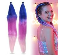 2 Piezas Extensiones de Trenzas de Colores para Niñas, 60cm Coleta Postiza con Goma Elástica, Pelo Sintético Azul Morado Rosa Gradiente para Disfraz Rumi Kpop, Halloween, Fiesta y Cosplay