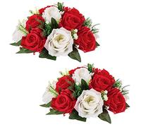 2 Piezas Flor Artificiales, 15 Cabezas Rosas Plástico con Base, Adecuadas para el Estante Central Flores de Nuestra Tienda para Fiestas Decoración del Hogar(Rojo&Blanco)