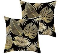 2 Piezas Fundas Cojines 45x45 cm Sofa, funda de almohada cuadrada para cintura de sofá, funda de cojín decorativa para el hogar o el coche, terciopelo, hojas tropicales doradas sobre negro