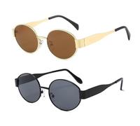 2 Piezas Gafas de Sol Retro para Mujer Hombre, con Protección UV400, Gafas Ovaladas Metálicas, para Exteriores, Viajes (Marrón + Gris)