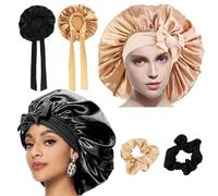 2 Piezas Gorro de Saten, Gorro de Seda para Dormir con 2 Coletero, Gorro Saten Pelo Rizado con Banda Ancha Elástica (Negro,Dorado)