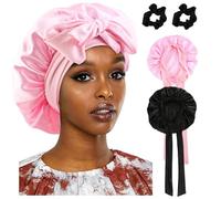 2 Piezas Gorro de Saten, Gorro de Seda para Dormir con 2 Coletero, Gorro Saten Pelo Rizado con Banda Ancha Elástica (Negro,Rosa)