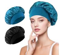 2 Piezas Gorro de seda Pañuelo de Seda,Gorro de Seda Ajustable,Transpirable Gorro Saten para Pelo Rizado,Reutilizable Gorros de Satén para Pelo Rizado para Mujeres y Niñas(Negro & Azul Pavo Real)