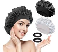 2 Piezas Gorro de Seda para Dormir, Gorro de Saten de Noche con Elásticos, Gorros Saten Transpirable para Cabello Rizado y Liso, Satin Bonnet para Dormir para Mujeres y Chicas (Negro + Plateado)