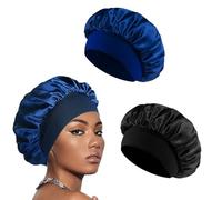 2 Piezas Gorro Saten Pelo Rizado Ajustable,gorro de dormir de seda, suave y cómodo(Negro&Azul oscuro)