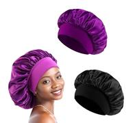 2 Piezas Gorro Saten Pelo Rizado Ajustable,gorro de dormir de seda, suave y cómodo(negro&morado)