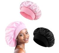 2 Piezas Gorro Saten Pelo Rizado Ajustable,gorro de dormir de seda, suave y cómodo(negro&rosa)
