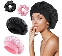 2 Piezas Gorro Saten Pelo Rizado con Coleteros, FUKPO Gorro de Satén Seda para Dormir Mujer Largo Corto Liso, Silk Bonnet de Nuit en Soie Sleeping Bonete Gorros de Ducha Satin(Negro, Rosa)
