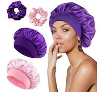 2 Piezas Gorro Saten Pelo Rizado con Coleteros, FUKPO Gorro de Satén Seda para Dormir Mujer Largo Corto Liso, Silk Bonnet de Nuit en Soie Sleeping Bonete Gorros de Ducha Satin(Púrpura, Rosa)