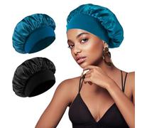 2 Piezas Gorros para Dormir de Seda, Transpirable Banda Ancha Elástica Pañuelo de Seda para Dormir Pelo Rizado, Reutilizable Dormirs Gorro, Paras Mujeres y Niñas(Negro&Azul)