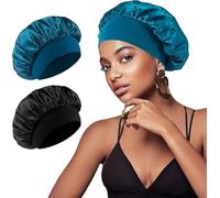 2 Piezas Gorros para Dormir de Seda, Transpirable Banda Ancha Elástica Pañuelo de Seda para Dormir Pelo Rizado, Reutilizable Dormirs Gorro, Paras Mujeres y Niñas(Negro&Azul)