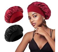 2 Piezas Gorros para Dormir de Seda, Transpirable Banda Ancha Elástica Pañuelo de Seda para Dormir Pelo Rizado, Reutilizable Dormirs Gorro, Paras Mujeres y Niñas(Negro&Rojo)