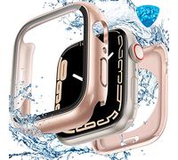 [2 Piezas] HWeggo Funda para Apple Watch Series 9/8/7 45mm Funda Protector de Pantalla Vidrio Templado,Completa Claridad Dura Iwatch Estuche,Parachoques Delantero y Trasero,Oro Rosa