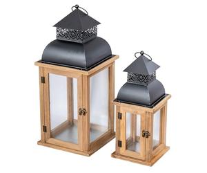 2 Piezas. Juego de faroles de Madera, Metal y Cristal - Wind Color de luz Natural marrón - Portavelas Farol - Linterna de jardín Madera Jardín Iluminación Decoración Vintage Antiguo