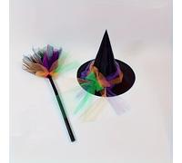2 piezas, Lindo conjunto de disfraz de bruja de Halloween, colorido y encantador, ropa de disfraz de fibra lavable a , con tema de personaje, con un y una escoba vibrantes, sin batería