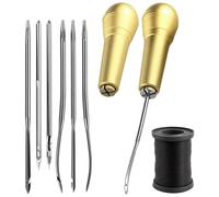 2 piezas Manija de Cobre de Coser, Aguja Magica para Bordar, 6 agujas Mango de cobre Punzón de coser Herramienta de reparación zapatos cuero para reparación zapatos y cuero