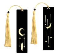 2 Piezas Marcapáginas Metal 12 * 3cm, Negro Marcadores con Oro Borlas Colgante Plumas Estrella Luna, Regalo para Lectores Adultos y Niños (Luna y estrellas)