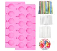 2 Piezas Moldes de Piruletas Silicona,12 Cavidades Moldes Redondos de Silicona con 100 Palitos de Piruleta 100 Lazos 100 Bolsitas,Lollipop Molde para Piruletas de Gelatina de Chocolate
