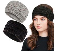 2 Piezas Mujer Diademas de Invierno, Calentador de Orejas con Forro Polar, Suave Elásticas Diademas de Ganchillo, Grueso, Cálido, Accesorios Cabello Moda, Regalos de Invierno para Mujer Niñas