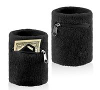 2 Piezas Muñequera Unisex con Cierre Zip, Muñequera Bolsillo para el Sudor, Muñequeras Bolsa de Algodón Grueso, Billetera de Muñeca con Cierre Zip para Tenis Baloncesto Fútbol y Fitness, Negro
